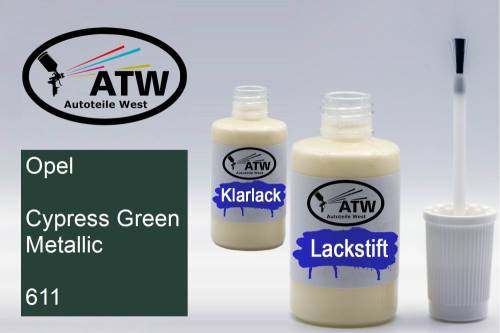 Opel, Cypress Green Metallic, 611: 20ml Lackstift + 20ml Klarlack - Set, von ATW Autoteile West.